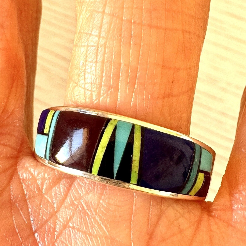 Navajo Turquoise Wedding Band Sz 13.5 Ring Lapis Inlay 9mm Mens Signed AT Native